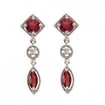 Round & Marquise Garnet and Diamond Dangling Earrings 14K White Gold