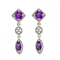 Round & Marquise Amethyst and Diamond Dangling Earrings 14K White Gold