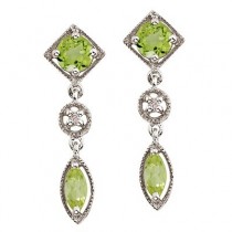 Round & Marquise Peridot and Diamond Dangling Earrings 14K White Gold