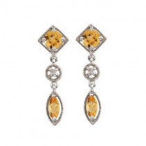 Round & Marquise Citrine and Diamond Dangling Earrings 14K White Gold