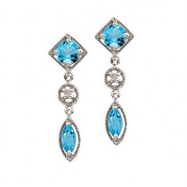 Round & Marquise Blue Topaz & Diamond Dangling Earrings 14K White Gold