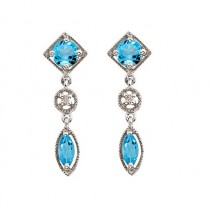 Round & Marquise Blue Topaz & Diamond Dangling Earrings 14K White Gold