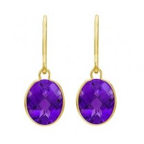 Concave Checker Oval Amethyst Wrap Drop Earrings 14K Yellow Gold (10x8mm)