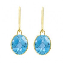 Concave Checker Oval Blue Topaz Wrap Drop Earrings 14K Yellow Gold