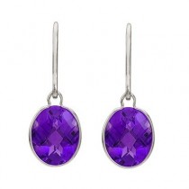 Concave Checker Oval Amethyst Wrap Drop Earrings 14K White Gold (10x8mm)