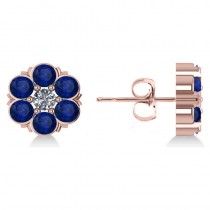 Blue Sapphire & Diamond Cluster Stud Earrings 14k Rose Gold (2.10ct)