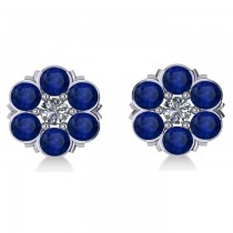 Blue Sapphire & Diamond Cluster Stud Earrings 14k White Gold (2.10ct)