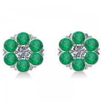 Emerald & Diamond Cluster Stud Earrings 14k White Gold (2.10ct)