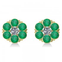 Emerald & Diamond Cluster Stud Earrings 14k Yellow Gold (2.10ct)