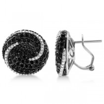 French Clip Circle Swirl Black Diamond Earrings 14k White Gold (4.35ct)