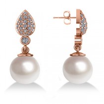 Freshwater Pearl & Diamond Dangling Earrings 14k Rose Gold 10mm (0.50ct)