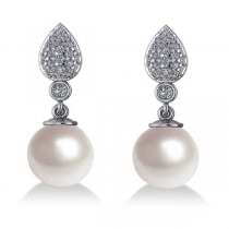 Freshwater Pearl & Diamond Dangling Earrings 14k White Gold 10mm (0.50ct)