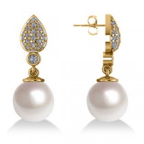 Freshwater Pearl & Diamond Dangling Earrings 14k Yellow Gold 10mm (0.50ct)