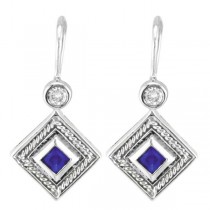 Princess Cut Blue Sapphire and Diamond Earrings in 14k White Gold