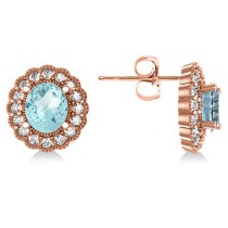 Aquamarine & Diamond Floral Oval Earrings 14k Rose Gold (5.96ct)