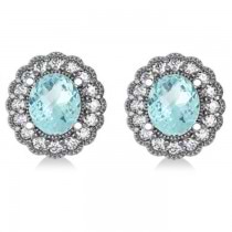 Aquamarine & Diamond Floral Oval Earrings 14k White Gold (5.96ct)