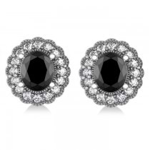 Black Diamond & Diamond Floral Oval Earrings 14k White Gold (4.68ct)