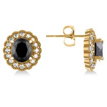 Black Diamond & Diamond Floral Oval Earrings 14k Yellow Gold (4.68ct)
