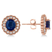 Blue Sapphire & Diamond Floral Oval Earrings 14k Rose Gold (5.96ct)