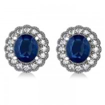 Blue Sapphire & Diamond Floral Oval Earrings 14k White Gold (5.96ct)