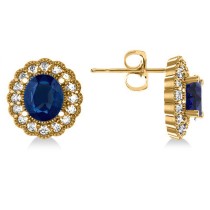 Blue Sapphire & Diamond Floral Oval Earrings 14k Yellow Gold (5.96ct)
