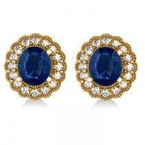 Blue Sapphire & Diamond Floral Oval Earrings 14k Yellow Gold (5.96ct)