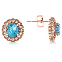 Blue Topaz & Diamond Floral Oval Earrings 14k Rose Gold (5.96ct)