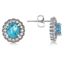 Blue Topaz & Diamond Floral Oval Earrings 14k White Gold (5.96ct)