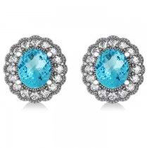 Blue Topaz & Diamond Floral Oval Earrings 14k White Gold (5.96ct)
