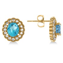 Blue Topaz & Diamond Floral Oval Earrings 14k Yellow Gold (5.96ct)