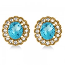 Blue Topaz & Diamond Floral Oval Earrings 14k Yellow Gold (5.96ct)