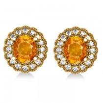 Citrine & Diamond Floral Oval Earrings 14k Yellow Gold (5.96ct)