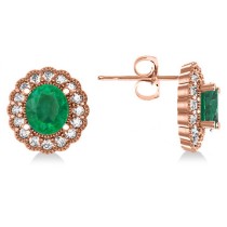 Emerald & Diamond Floral Oval Earrings 14k Rose Gold (5.96ct)