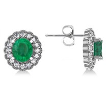 Emerald & Diamond Floral Oval Earrings 14k White Gold (5.96ct)