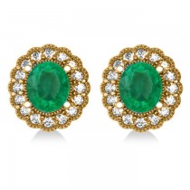Emerald & Diamond Floral Oval Earrings 14k Yellow Gold (5.96ct)