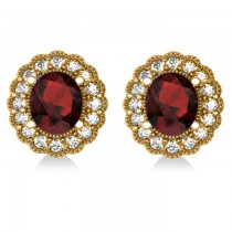 Garnet & Diamond Floral Oval Earrings 14k Yellow Gold (5.96ct)