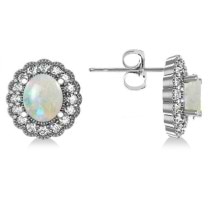 Opal & Diamond Floral Oval Earrings 14k White Gold (5.96ct)