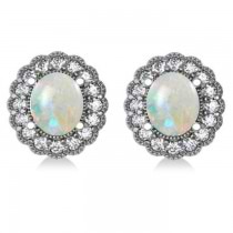 Opal & Diamond Floral Oval Earrings 14k White Gold (5.96ct)