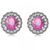Pink Sapphire & Diamond Floral Oval Earrings 14k White Gold (5.96ct)