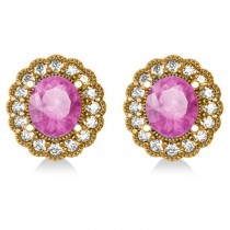 Pink Sapphire & Diamond Floral Oval Earrings 14k Yellow Gold (5.96ct)