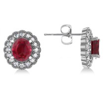 Ruby & Diamond Floral Oval Earrings 14k White Gold (5.96ct)