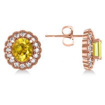 Yellow Sapphire & Diamond Floral Oval Earrings 14k Rose Gold (5.96ct)