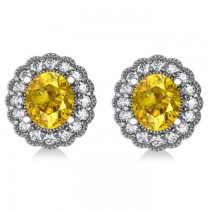 Yellow Sapphire & Diamond Floral Oval Earrings 14k White Gold (5.96ct)