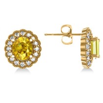 Yellow Sapphire & Diamond Floral Oval Earrings 14k Yellow Gold (5.96ct)
