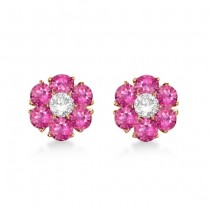 Pink Sapphire & Diamond Flower Cluster Earrings 14K R. Gold (1.25ct)