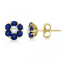 Diamond & Sapphire Flower Cluster Earrings 14K Yellow Gold (1.91ctw)