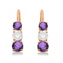 Three-Stone Leverback Diamond & Amethyst Earrings 14k Rose Gold (1.00ct)