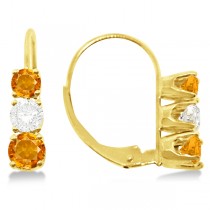 Three-Stone Leverback Diamond & Citrine Earrings 14k Yellow Gold (1.00ct)