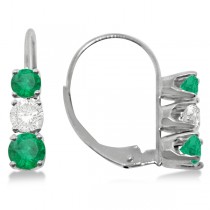 Three-Stone Leverback Diamond & Emerald Earrings 14k White Gold (1.00ct)