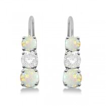Three-Stone Leverback Diamond & Opal Earrings 14k White Gold (1.00ct)
